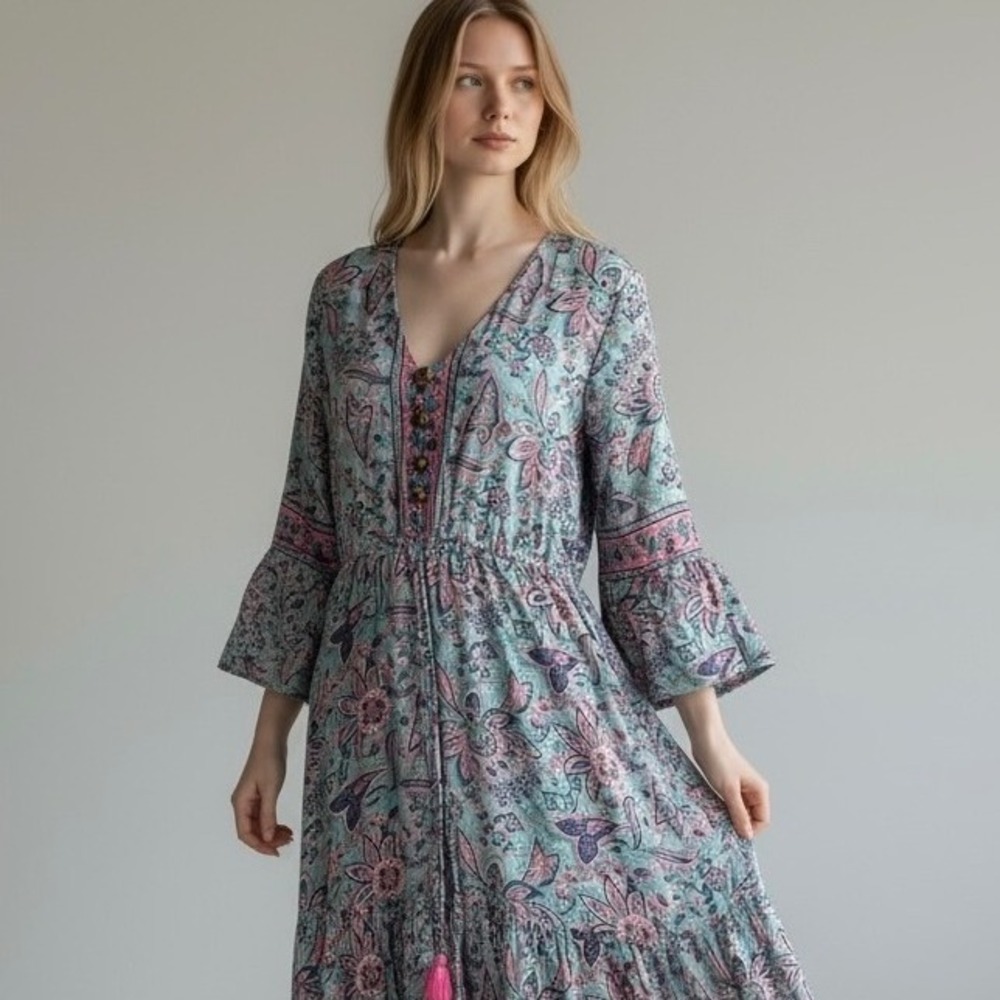 Karma Highway Blue Pink Peasant Boho Floral Long Sleeve Midi Dress ‎ Hippie